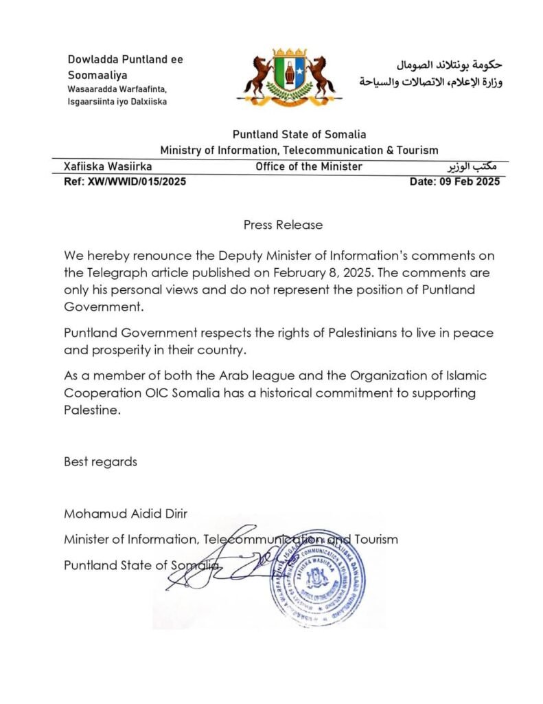 Puntland Oo Iska Fogeysay Hadalka Wasiir Ku-xigeenka ee Ku Saabsan Qaxootiga Falastiin